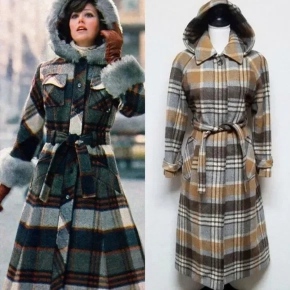 RARE Vintage 60s Mar-Del Plaid Wool Collared Hooded Tie-Waist Trench Coat - Picture 1 of 16